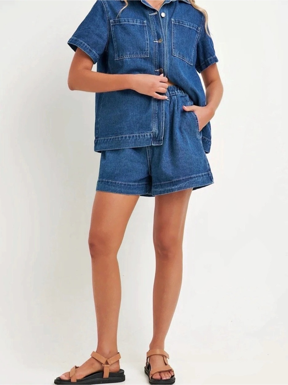 BRONZESNAKE Women's Sally Denim 2 Pieces Set Button-Up Shirt & Shorts Blue Sz M